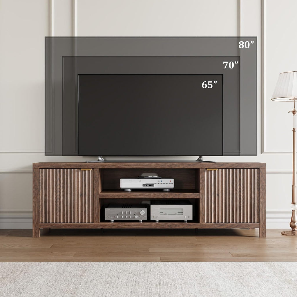 Fluted TV Stand for 75+ Inch, Modern Entertainment Center with 2-Tier Storage & Adjustable Shelves, Media Console Cabinet with 2 Fluted Doors and Gold Handle for Living Room Bedroom, Walnut