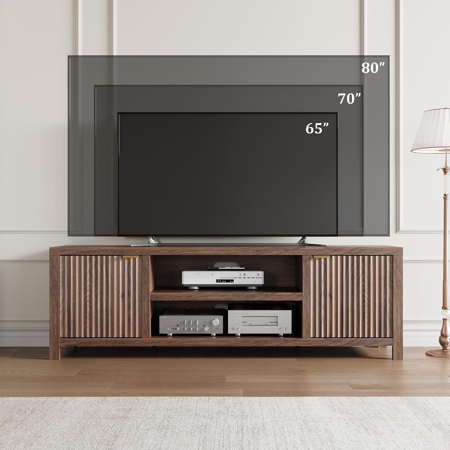 Fluted TV Stand for 75+ Inch, Modern Entertainment Center with 2-Tier Storage & Adjustable Shelves, Media Console Cabinet with 2 Fluted Doors and Gold Handle for Living Room Bedroom, Walnut