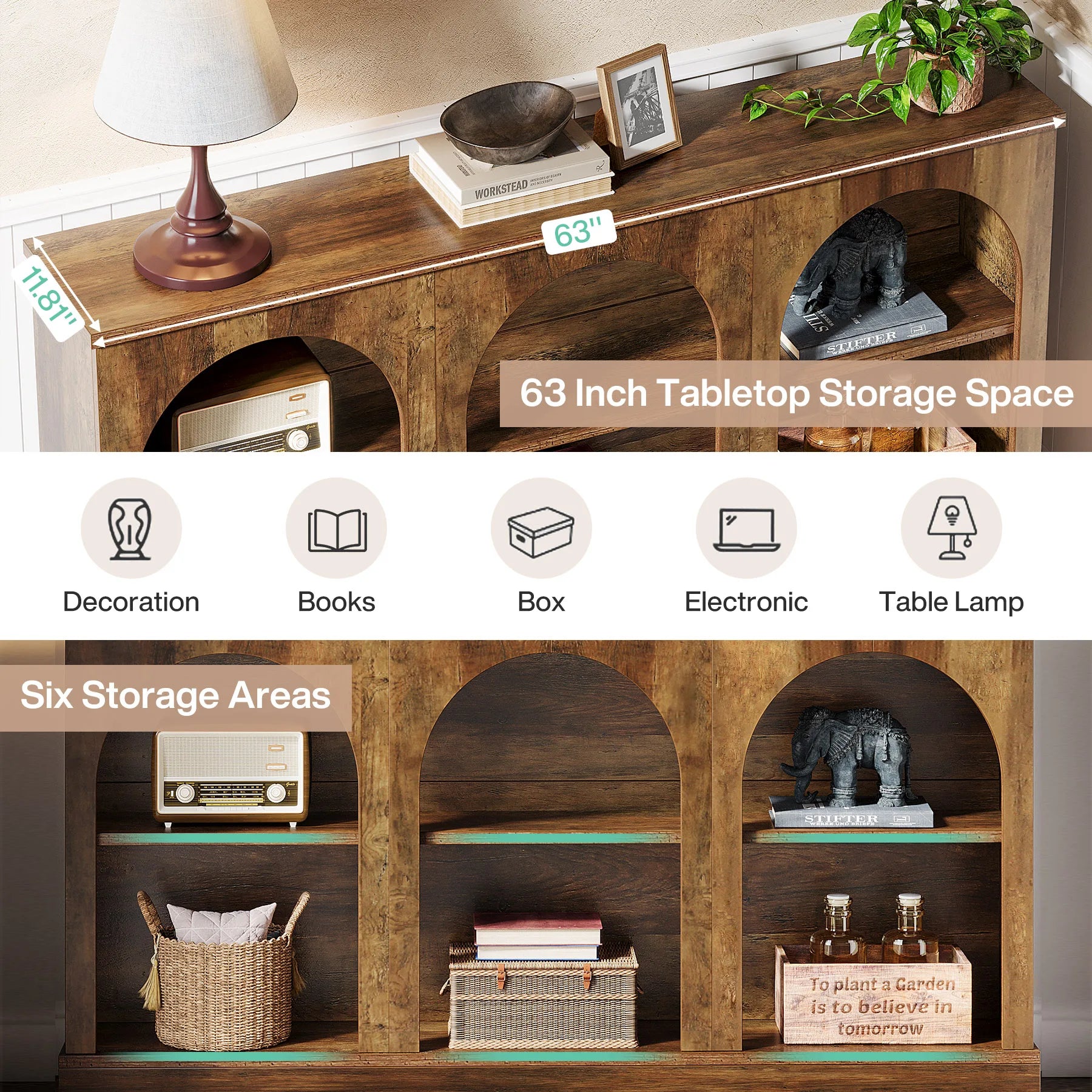 Farmhouse Console Table, 63-Inch Long Entryway Table with 3 Tier Storage, Wooden Rectangular Sofa Table