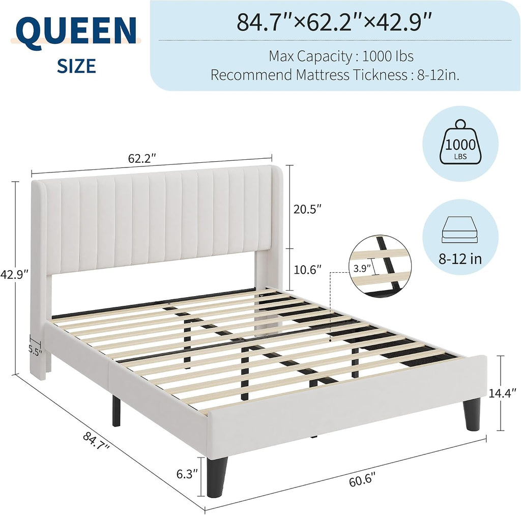 Queen Size Velvet Bed Frame/Vertical Channel Tufted Wingback Headboard/Upholstered Platform Bed/Wood Slats/No Box Spring Needed/Easy Assembly/Beige