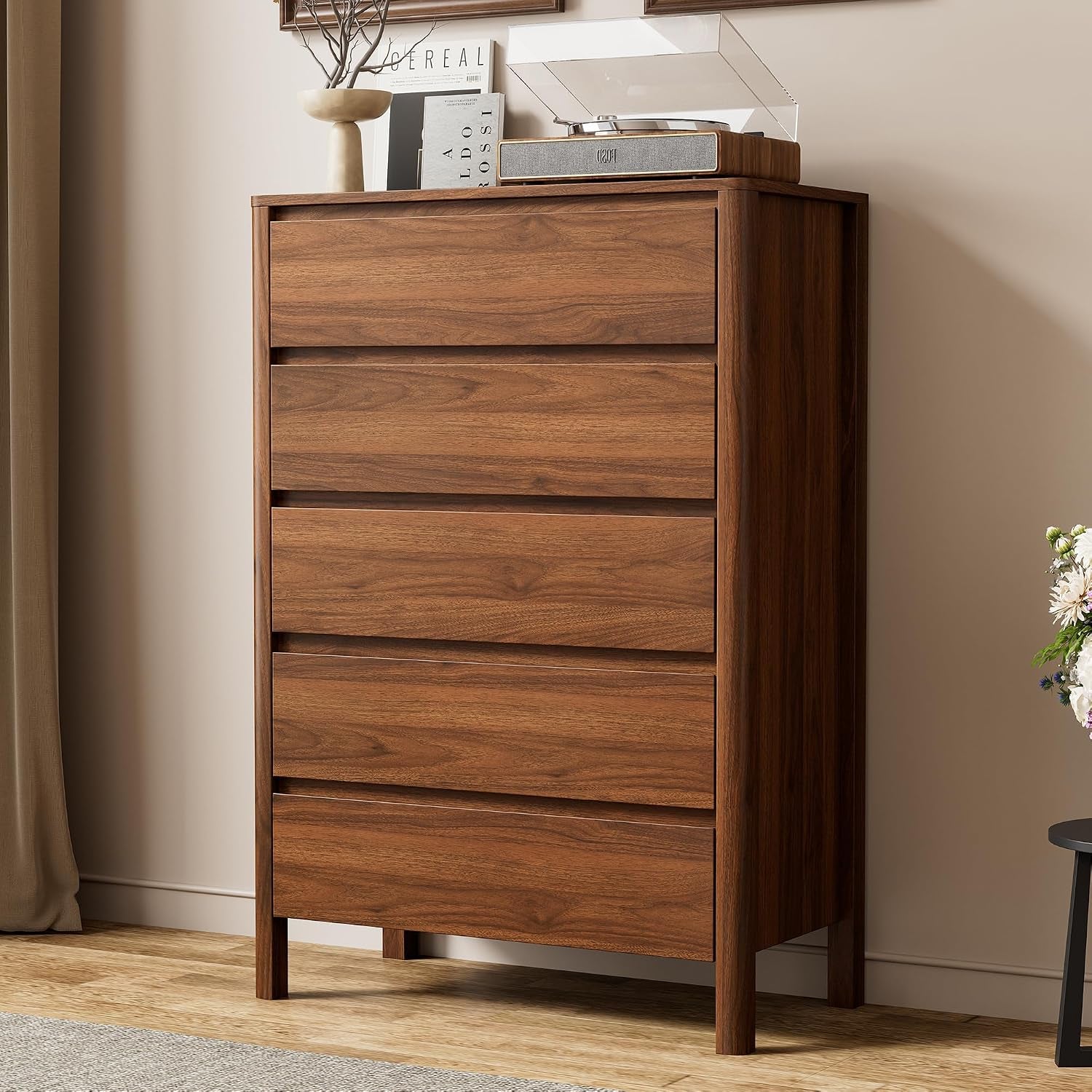 Walnut Dresser for Bedroom, 5 Drawer Dresser with Wood Legs, Tall Wood Dresser, Mid Century Modern Chest of Drawers, Large Storage Bedroom Furniture, Walnut