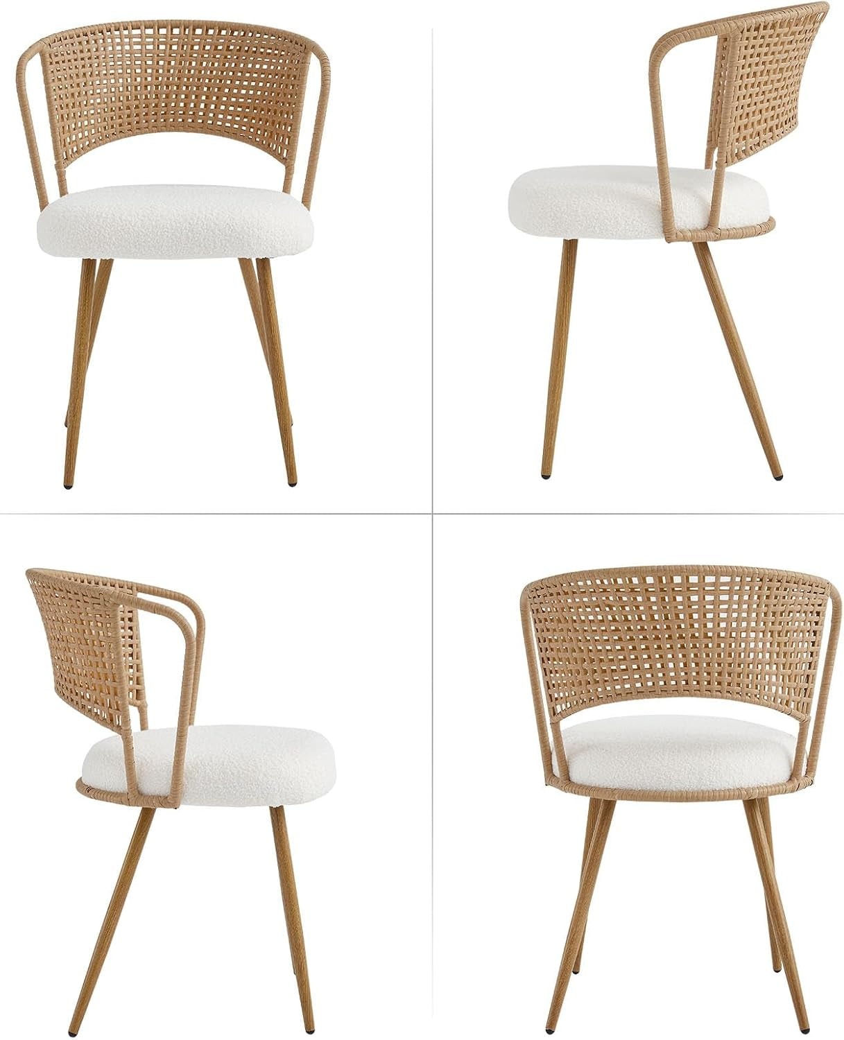 Wicker Dining Chairs Set of 4, Farmhouse Cane Back Kitchen Chairs with Upholstered Cushion, Wingback Rattan Dining Chair with Metal Legs & Adjustable Feet, Modern Dining Room Chairs, Brown