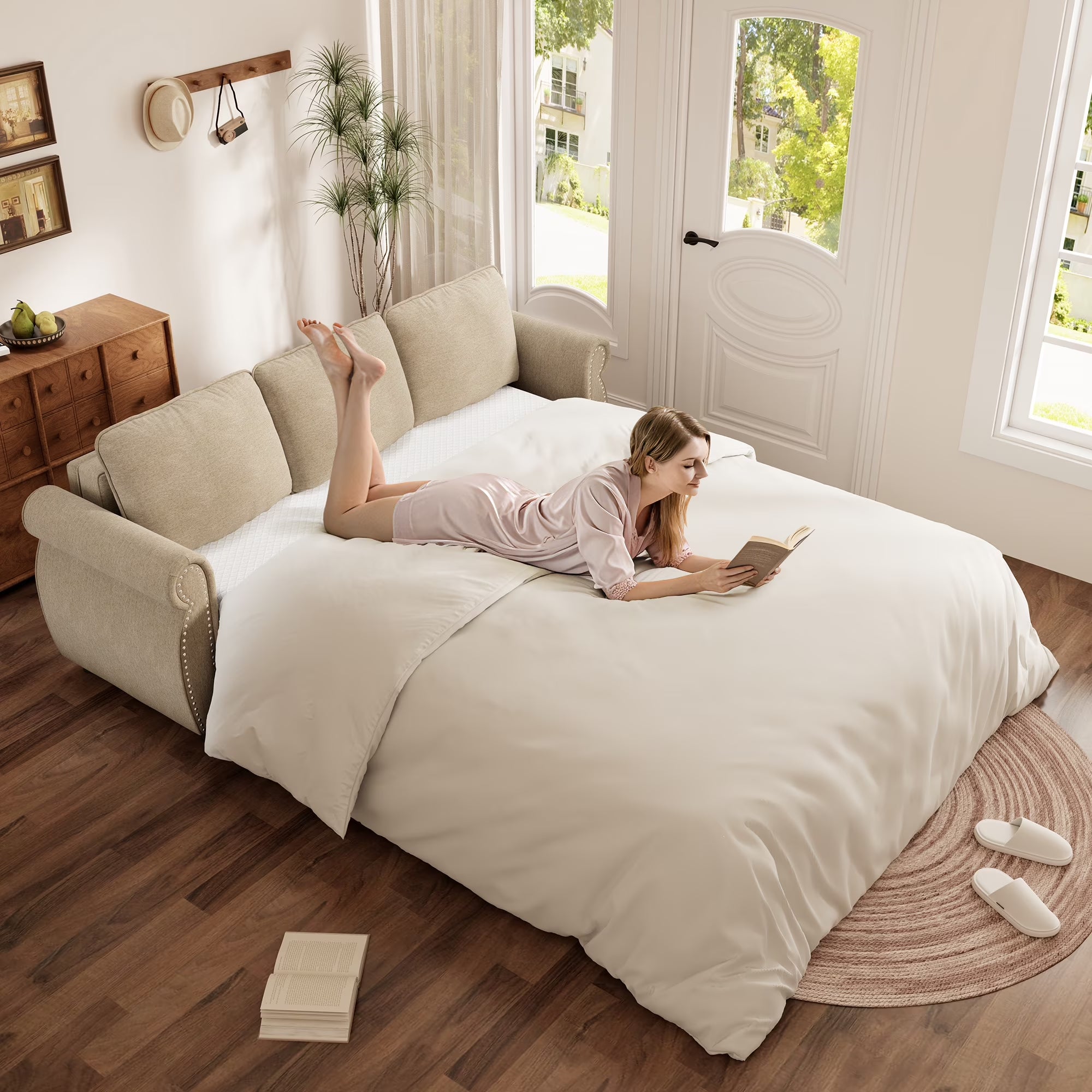 Queen Size Pull Out Sofa Bed, 2-In-1 Convertible Sleeper Couches with Memory Foam Mattress, 3 Seat Sleeper Couch Beds for Living Room, Beige
