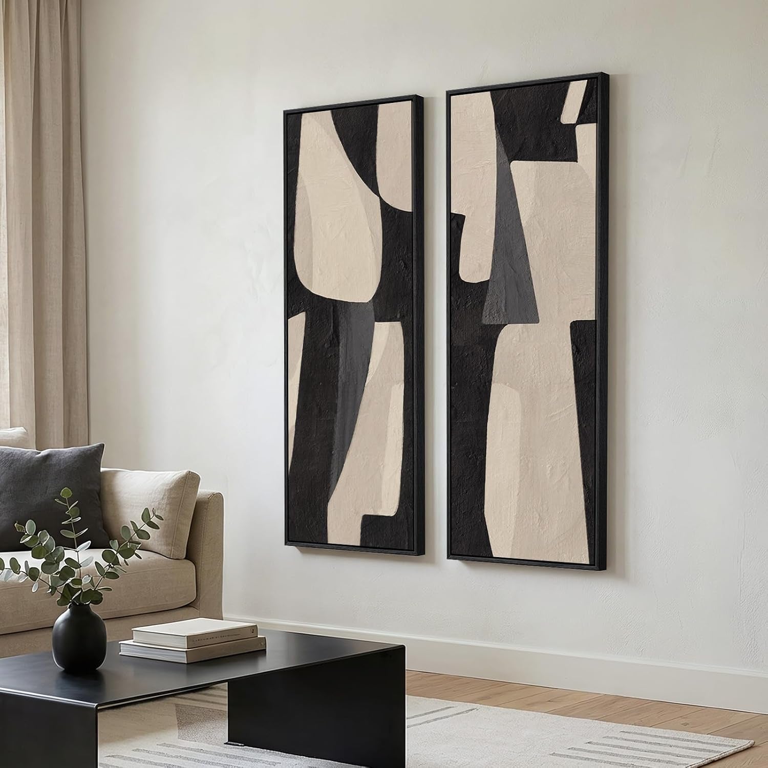 Framed Black Beige Abstract Long Vertical Wall Art for Living Room, 2 Piece | Long Narrow, Oversized, Canvas Prints, Abstract Pictures, Vertical, Modern Artwork, Black and Beige, Hallway Wall Decor