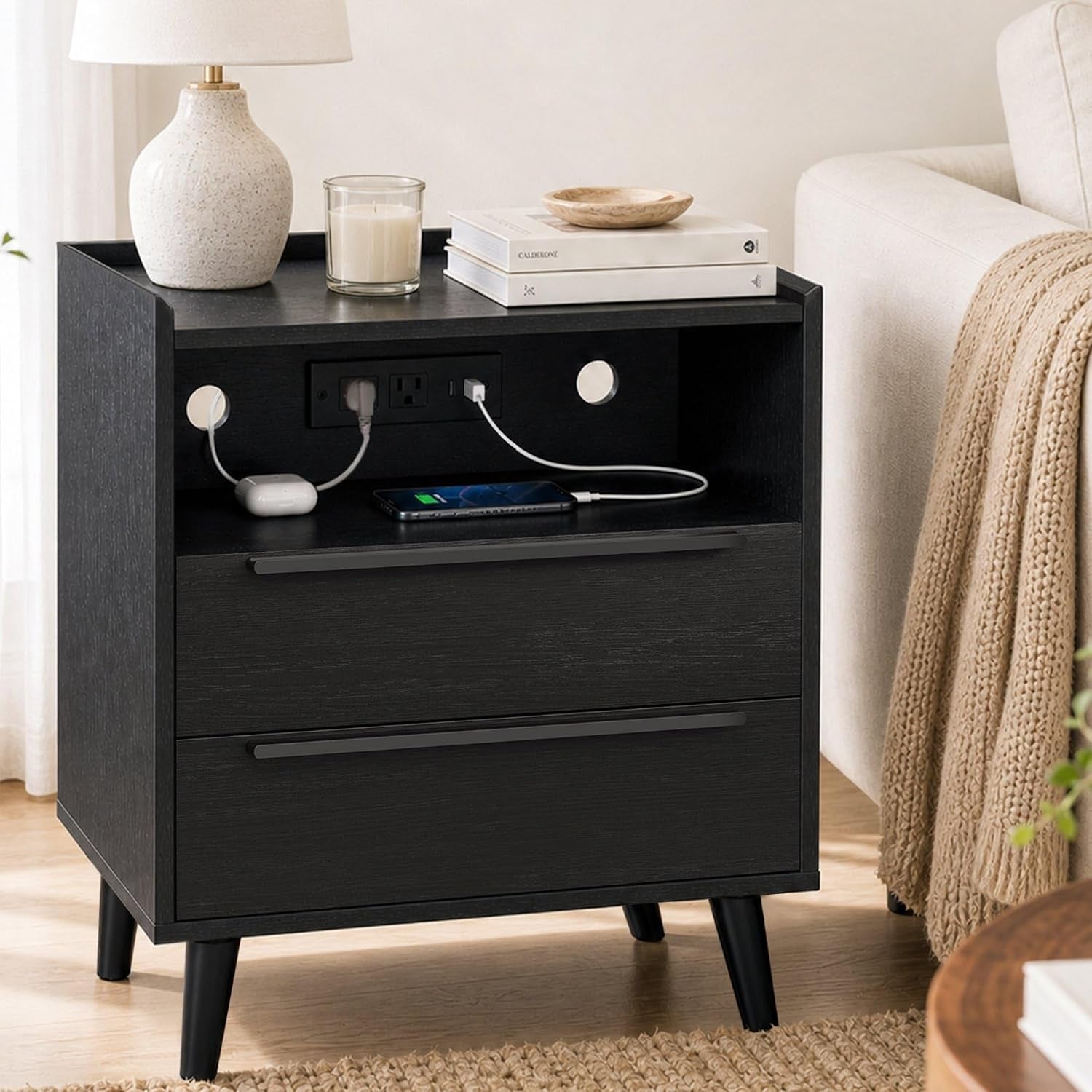 26 Inch Tall Black Oak Nightstand with Charging Station, 2 Drawers | 24 Inch Wide, 16 Inch Deep Design with Raised-Edge Tray Top, Open Shelf, Hidden Storage, and a Streamlined Look