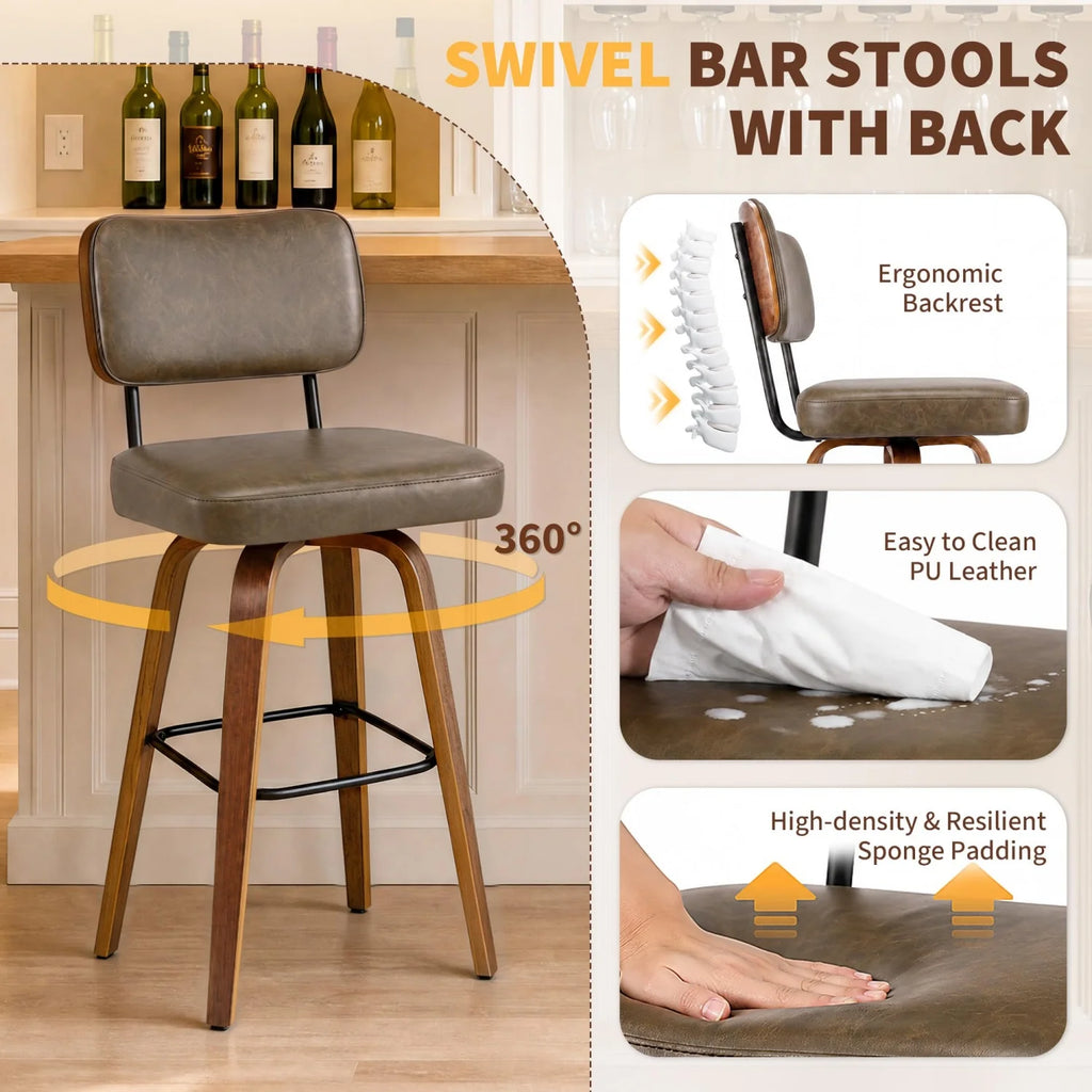 3 Pack Counter Height Bar Stools, Swivel Bar Stools with Back & Wood Legs,Faux Leather Upholstered Counter Stools for Kitchen Counter