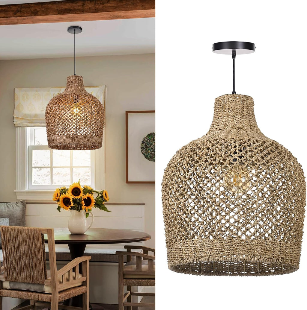 1 Light Rattan Pendant Light Rattan Chandelier Handwoven Boho Coastal Pendant Lampshade Wicker Basket Ceiling Light Hanging Light for Dining Living Room D 15.7″* 19.6″