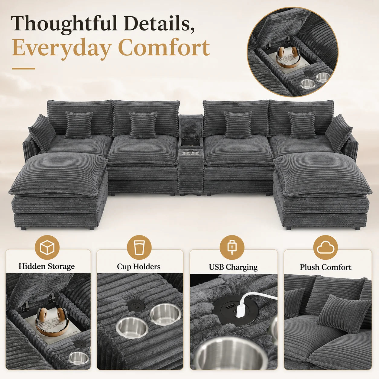 141" 7-Piece U-Shaped Sofa Set, Modular Sectional with Console, Coffee Table & 6 Pillows, for Large Living Room or Office