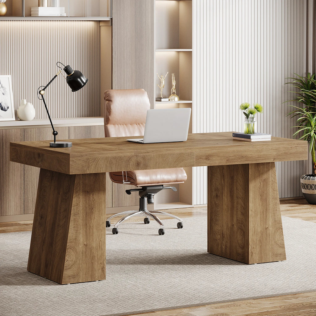 55-Inch Executive Desk, Large Wood Office Computer Desk with Double Pedestal, Modern Minimalist Workstations