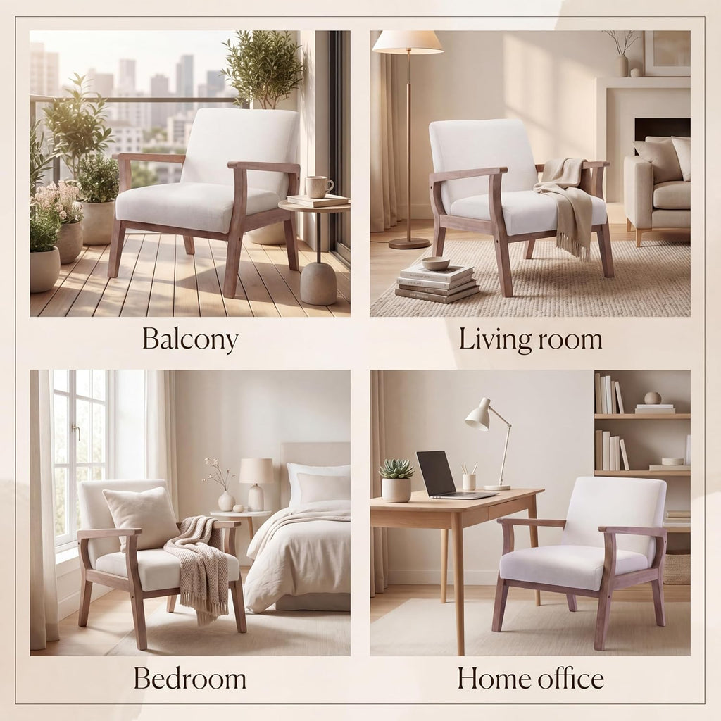 Mid Century Modern Accent Chair Beige Linen Armchair | Solid Wood Frame, Side Chairs for Living Room, Bedroom, Upholstered Sitting Chair, Comfortable Chair