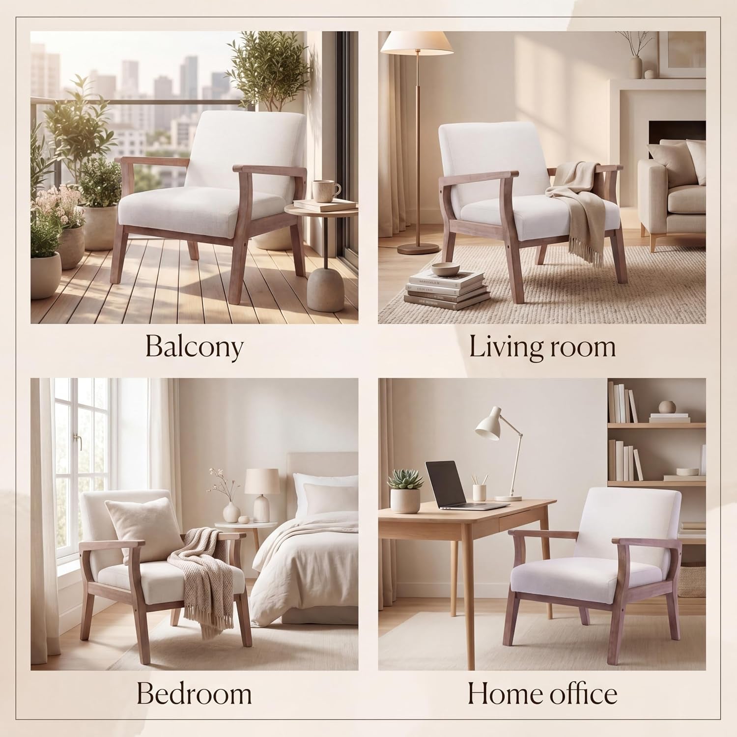 Mid Century Modern Accent Chair Beige Linen Armchair | Solid Wood Frame, Side Chairs for Living Room, Bedroom, Upholstered Sitting Chair, Comfortable Chair