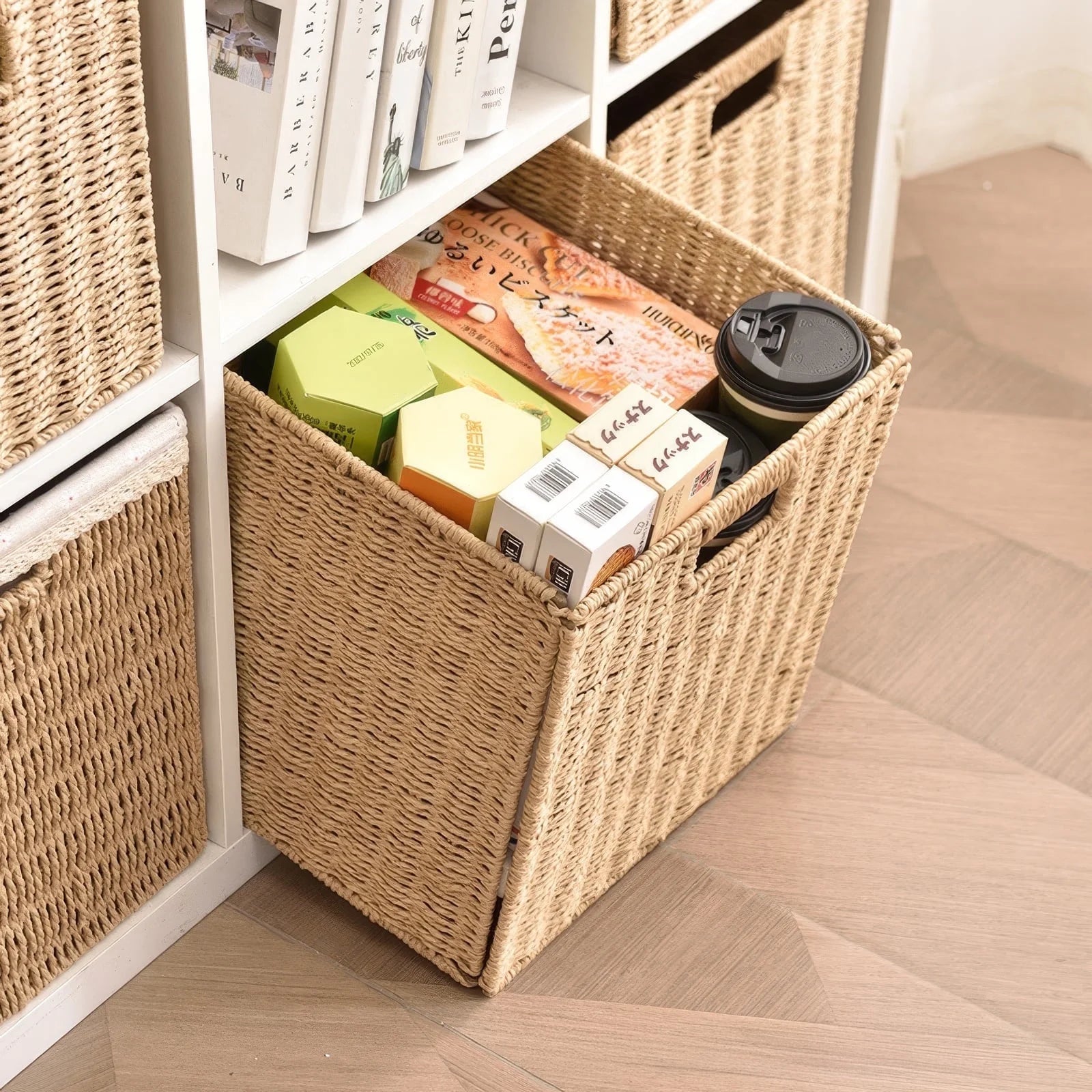 8.6 Inch Set of 2 Wicker Baskets, Woven Storage Baskets for Shelves with Handles, Foldable Cube Storage Basket Bins