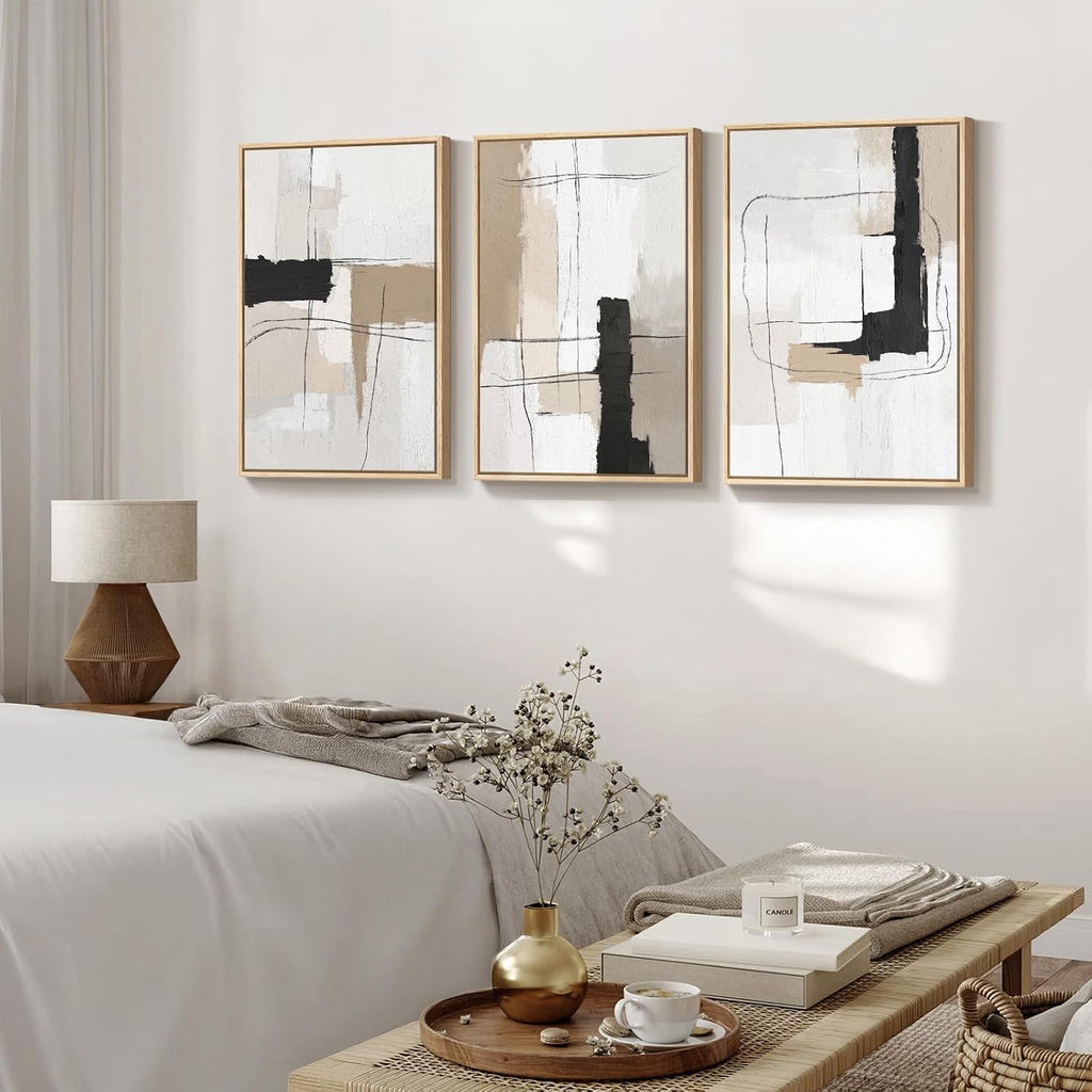 Large Framed Abstract Wall Art, Black and White Beige, 20X30 In, Set of 3 | Neutral Modern Pictures, Canvas Prints, Wood Frame, Minimalist Paintings, Wall Decor for Living Room Bedroom Dining Room