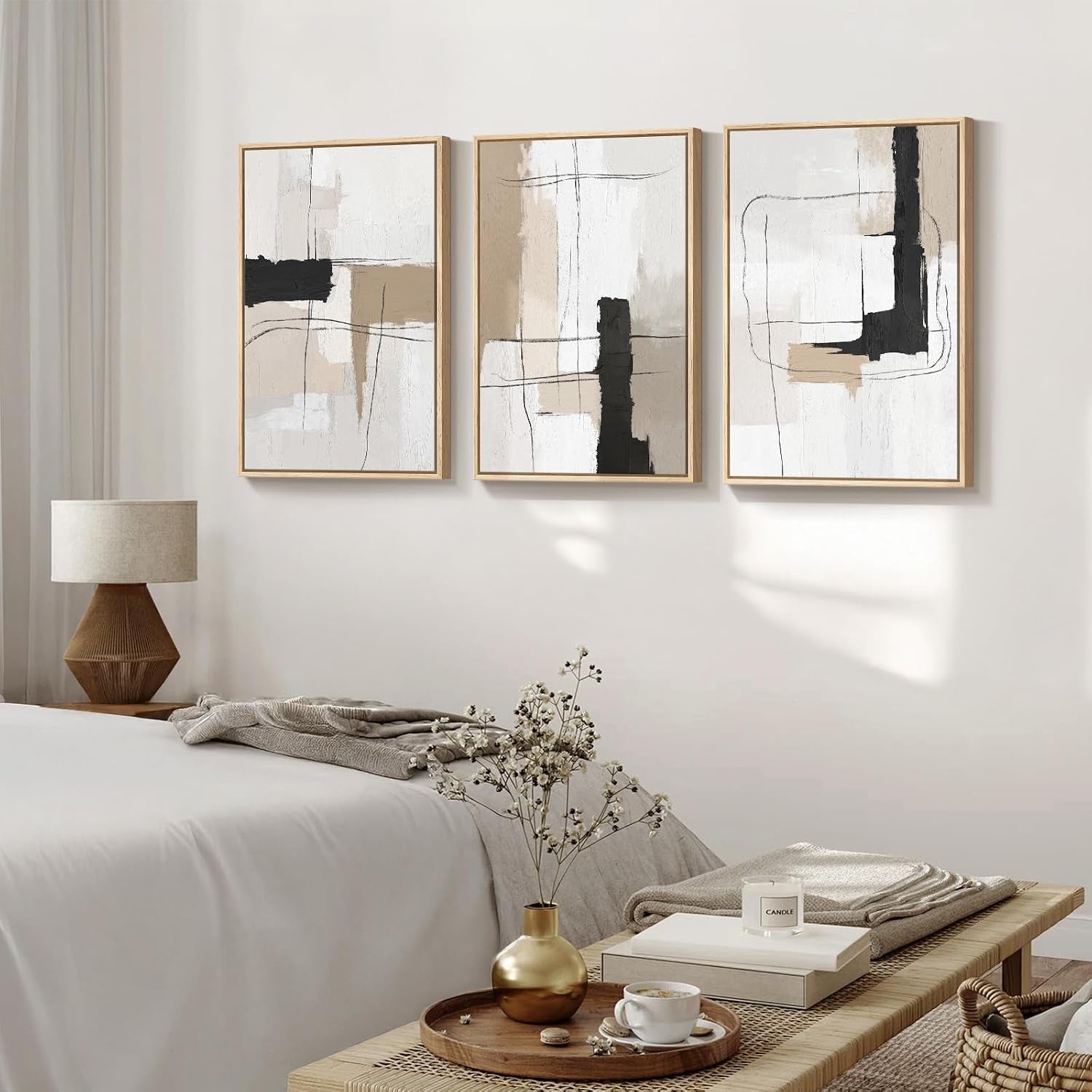 Large Framed Abstract Wall Art, Black and White Beige, 20X30 In, Set of 3 | Neutral Modern Pictures, Canvas Prints, Wood Frame, Minimalist Paintings, Wall Decor for Living Room Bedroom Dining Room