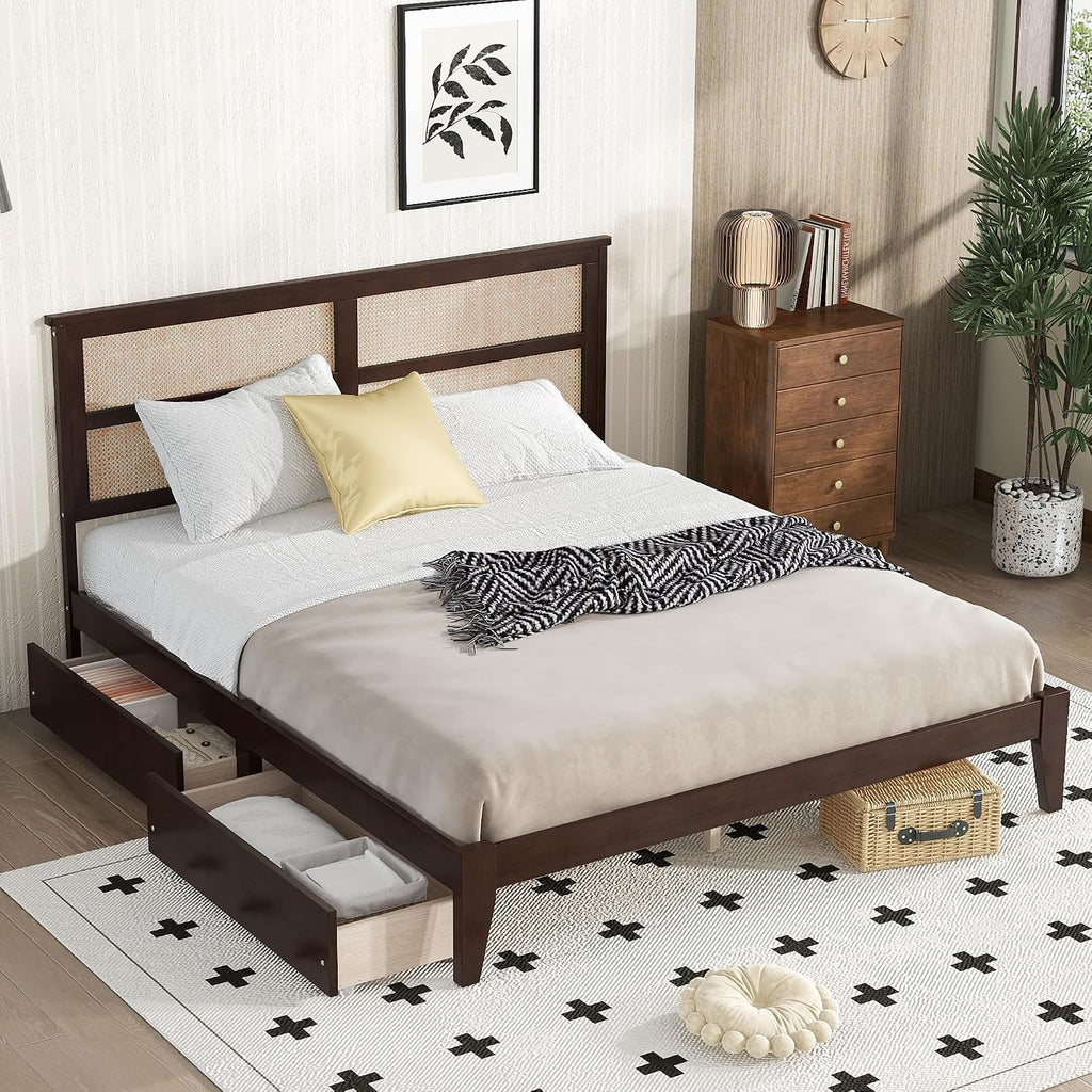 King Size Wood Platform Bed Frame with Rattan Headboard, 2 Storage Drawers, Modern Style Bed with Solid Wooden Slats, Easy Assembly, No Box Spring Required, for Bedroom, Guest Room, Espresso