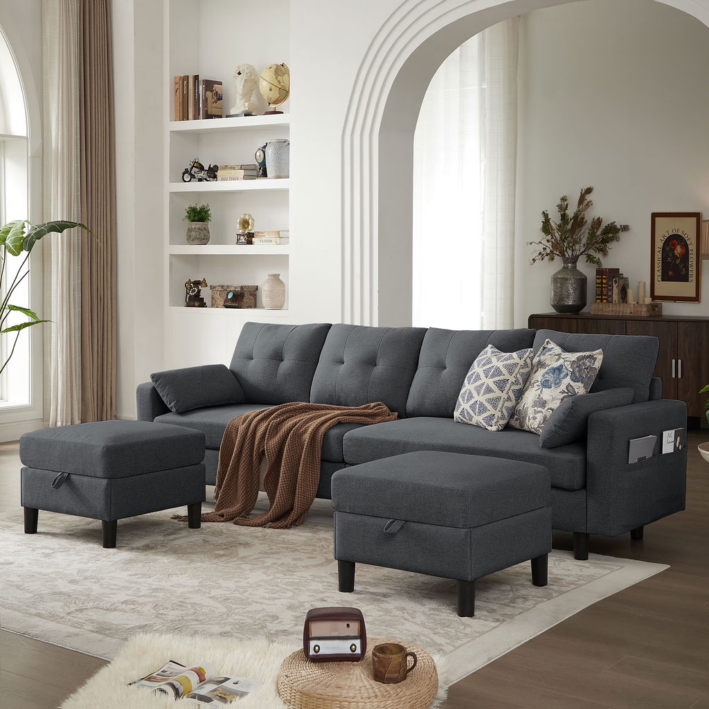 Modern Sectional Sofa with Reversible Chaise, Adjustable Backrest & Armrest, 4-Seat Convertible Couch