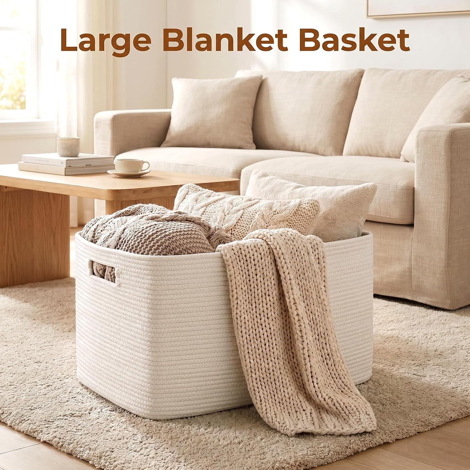 75L Large Blanket Basket, Woven Cotton Rope Baskets for Organizing, 22”X17”X12”, Blanket Basket Living Room, Bedroom, Nursery, Dog Toy Storage Bins, White