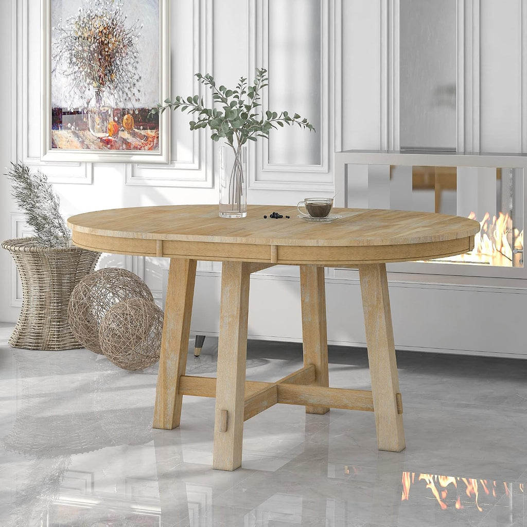 42"-58" round Extendable Dining Table, Solid Wood Dining Table with 16" Leaf, Farmhouse round Kitchen Table with Solid Wood Frame for 4-6, Natural Wood Wash