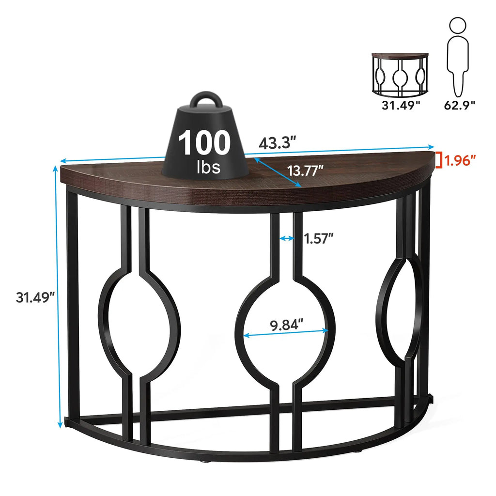 Half Moon Console Table for Entryway, 43 Inch Industrial Semi Circle Sofa Table with Geometric Base, Wood Accent Tabl