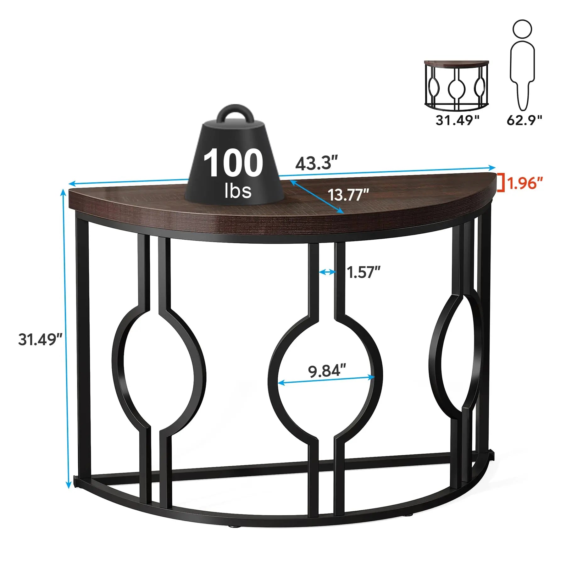 Half Moon Console Table for Entryway, 43 Inch Industrial Semi Circle Sofa Table with Geometric Base, Wood Accent Tabl