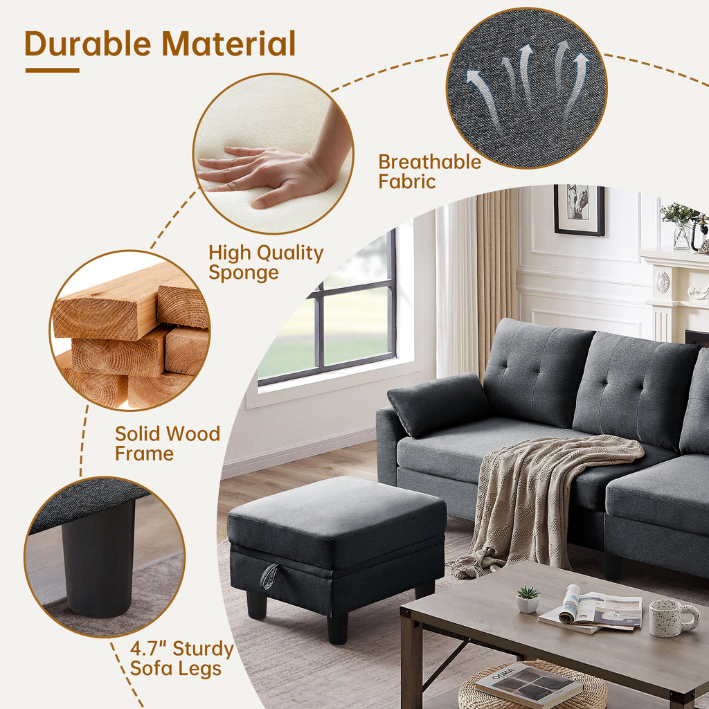 Modern Sectional Sofa with Reversible Chaise, Adjustable Backrest & Armrest, 4-Seat Convertible Couch