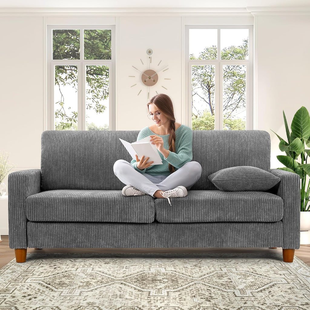 70In Corduroy Couch, Small Loveseat Sofa, Grey Corduroy Couch | No Tool Assembly, Comfy Couches for Living Room, Small Loveseat Sofa, 21In Deeper Seat, Sofas for Living Room & 2 Pillows