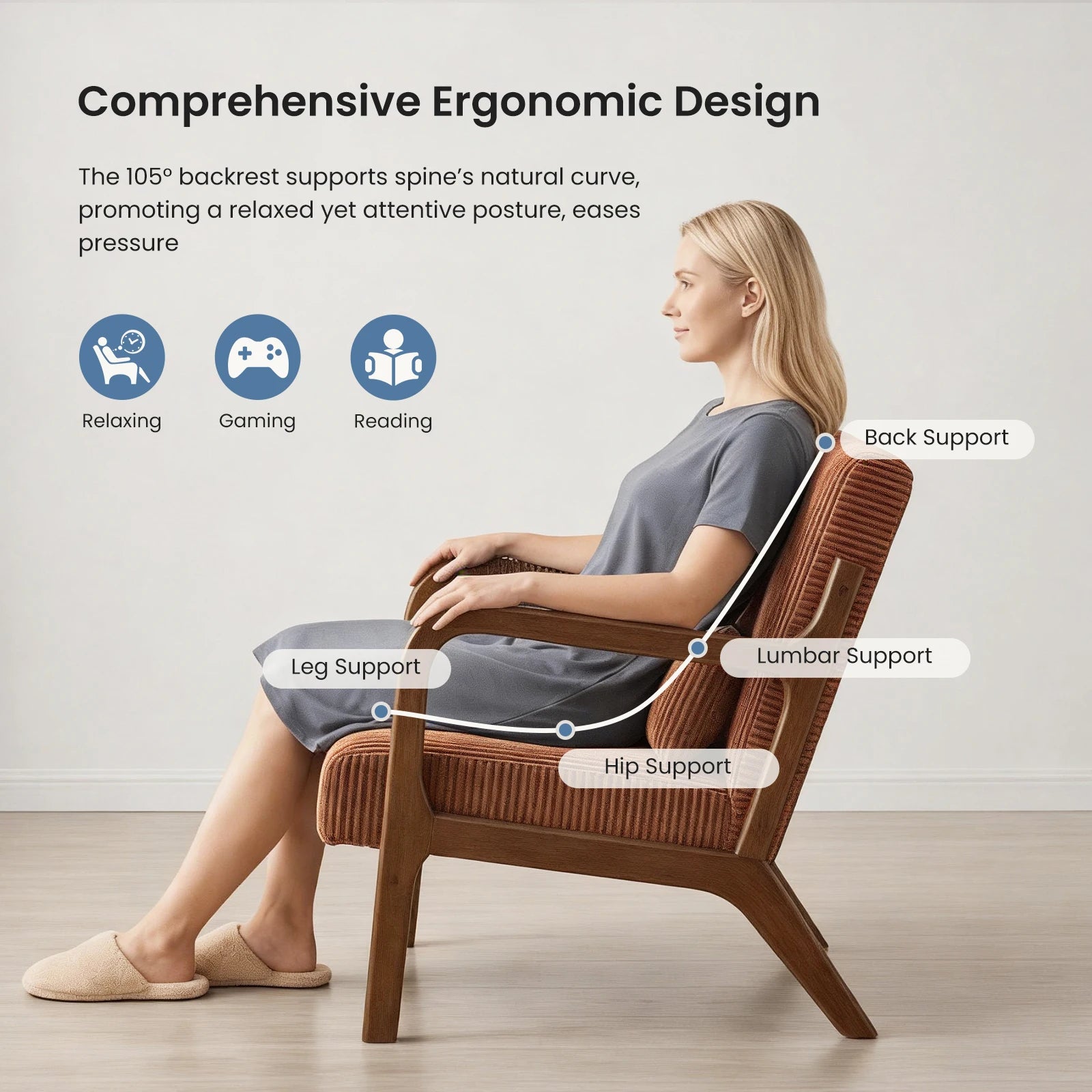 Mid-Century Solid Wood Frame Office Chair Ergonomic Armchair with Lumbar Pillow High Backrest Heavy Capacity for Office
