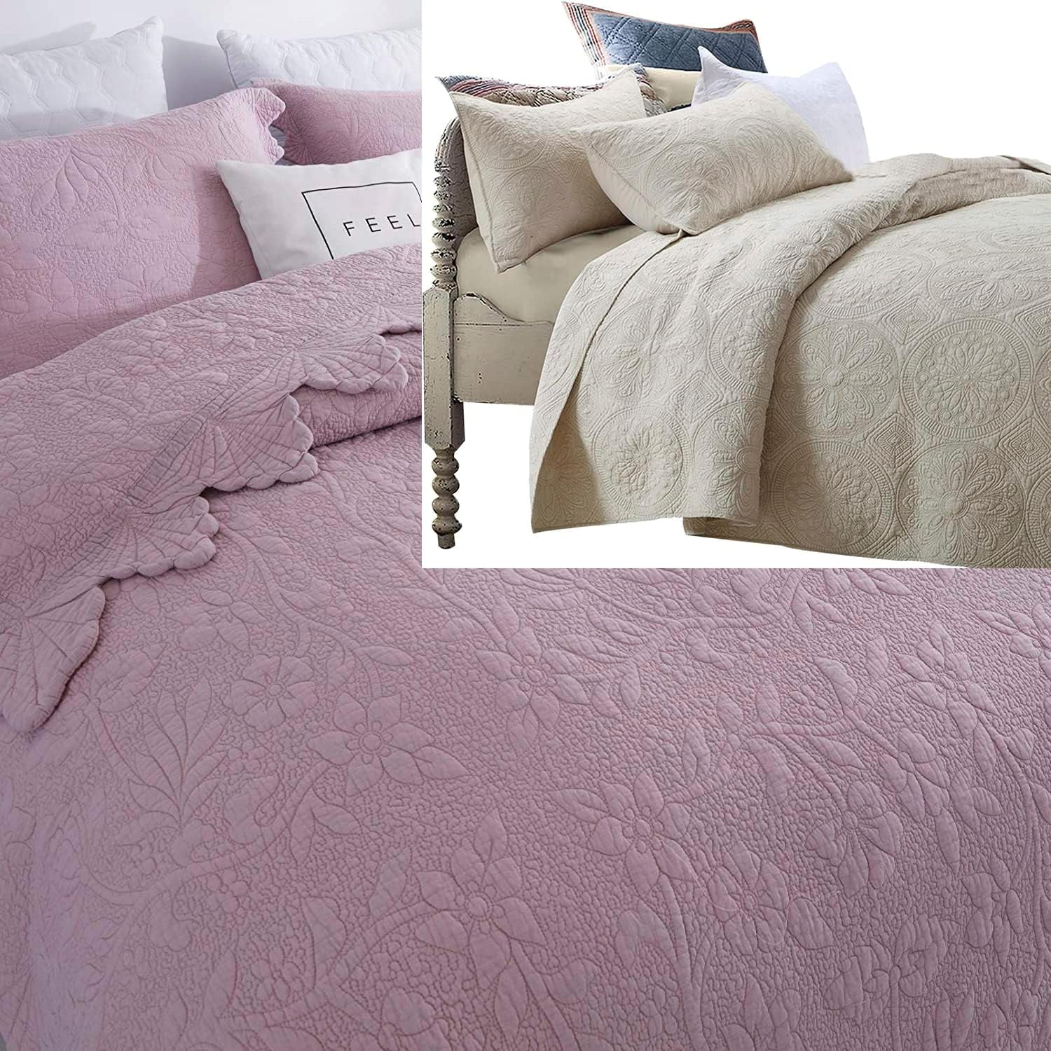 6PC Quilt Bedding Set Cotton Comforter Set Queen Size Queen Size Bedspreads Scalloped Farmhouse Comforter Set