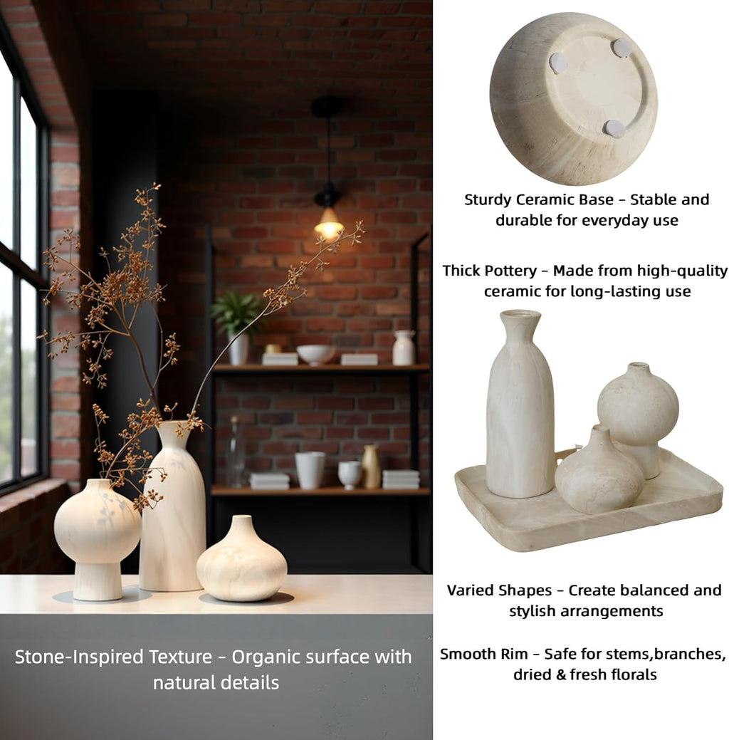 White Ceramic Vase Set of 3, Modern Organic Home Decor | Aged-Stone Texture, Sculptural Silhouettes, Effortless Neutral Styling, Display Together or Separately on Shelves and Mantels