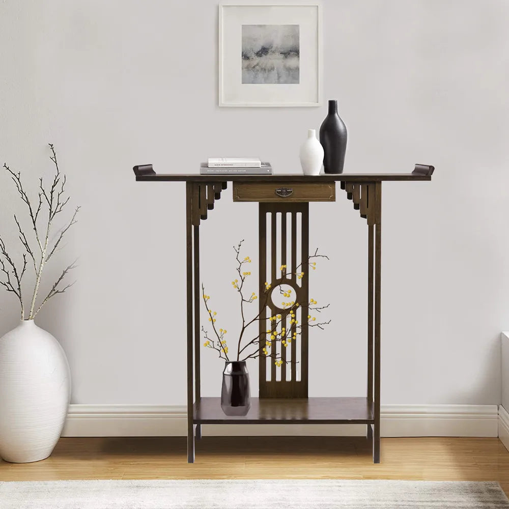 Classic Wood Console Table with Drawer and Bottom Shelf Entryway Accent Table for Home Decor
