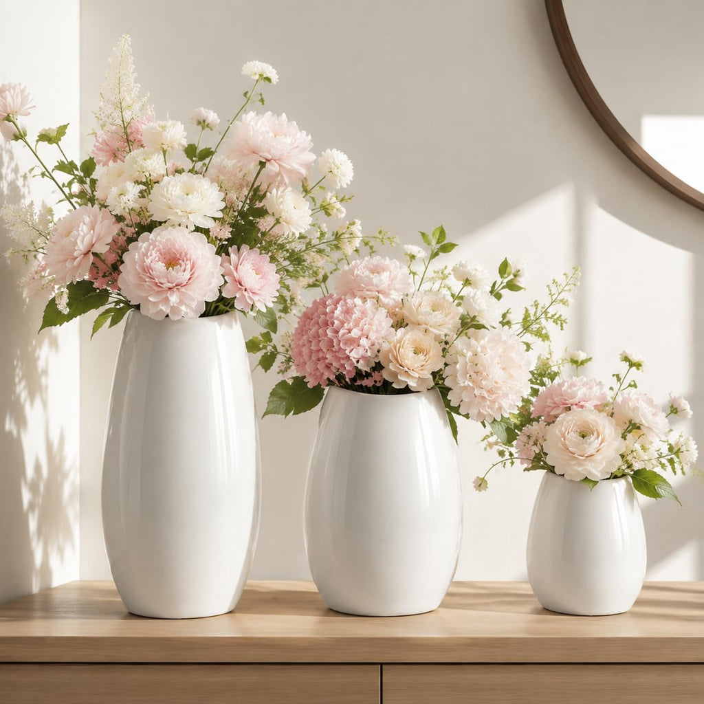 Ceramic Vase Set of 3 White Flower Vase for Home Decor, Modern Decorative Vases for Flowers/Ideal Shelf Decor/Table/Living Room/Kitchen/Office-White