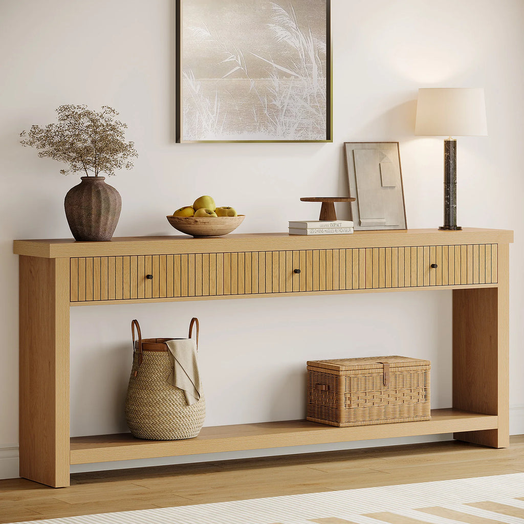 70.9 Inch Console Table with 3 Drawers, Extra Long Entryway Table, Wood Sofa Table Oak Furniture with Open Storage Shelves Wooden Couch Table