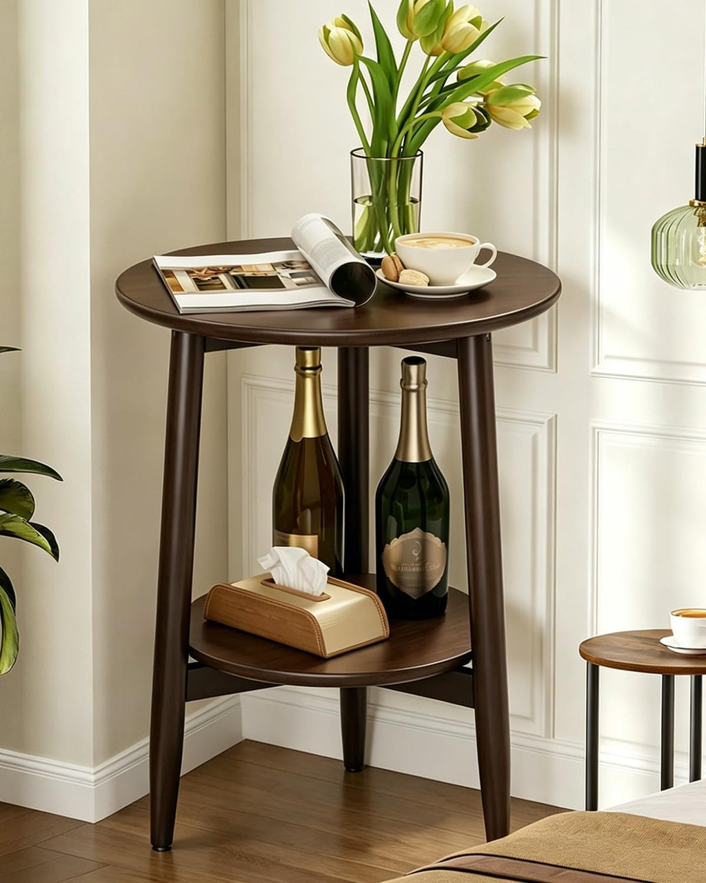 Solid Wood round End Table with Lower Shelf, round Side Table, Dark Walnut | Solid Wood round End Table with Lower Shelf for Storage,Small round Coffee Table.Fits Small Spaces in Living Room or Bedroom.