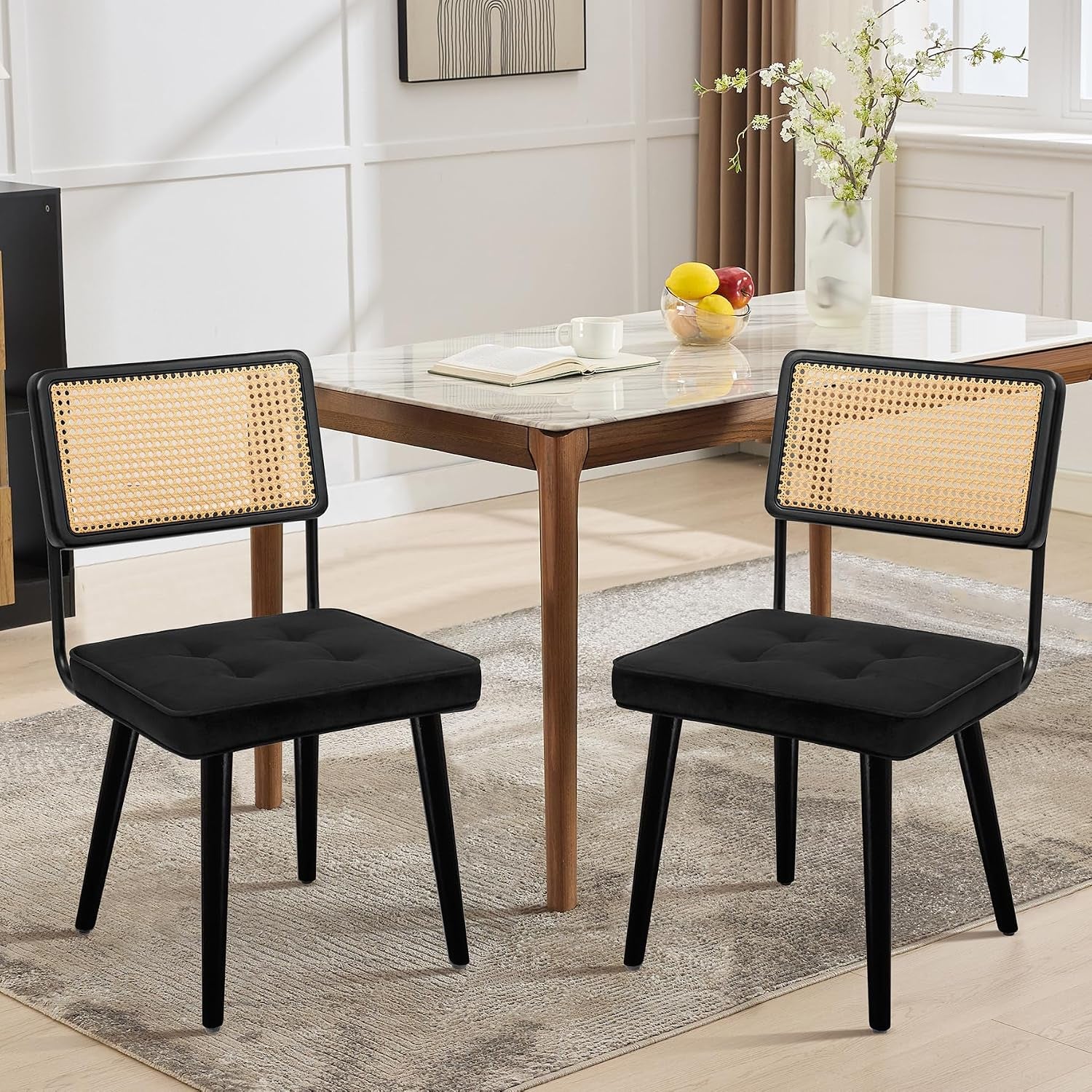 Natural Rattan Dining Chairs Set of 4, Linen Upholstered Kitchen Chairs with Tall Cane Backrest, Wood Legs, Mid Century Dining Room Chairs for Kitchen, Restaurant, Living Room(Velvet | Black)