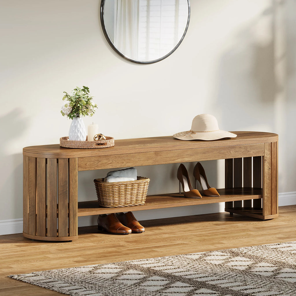 Tribesigns 63" Wooden Entryway Bench with Shoe Storage, Long 2-Tier Narrow Shoe Bench with Arc Vertical Slat Splicing Legs, End of Bed Stool for Bedroom, Entrance, Living Room (Brown)