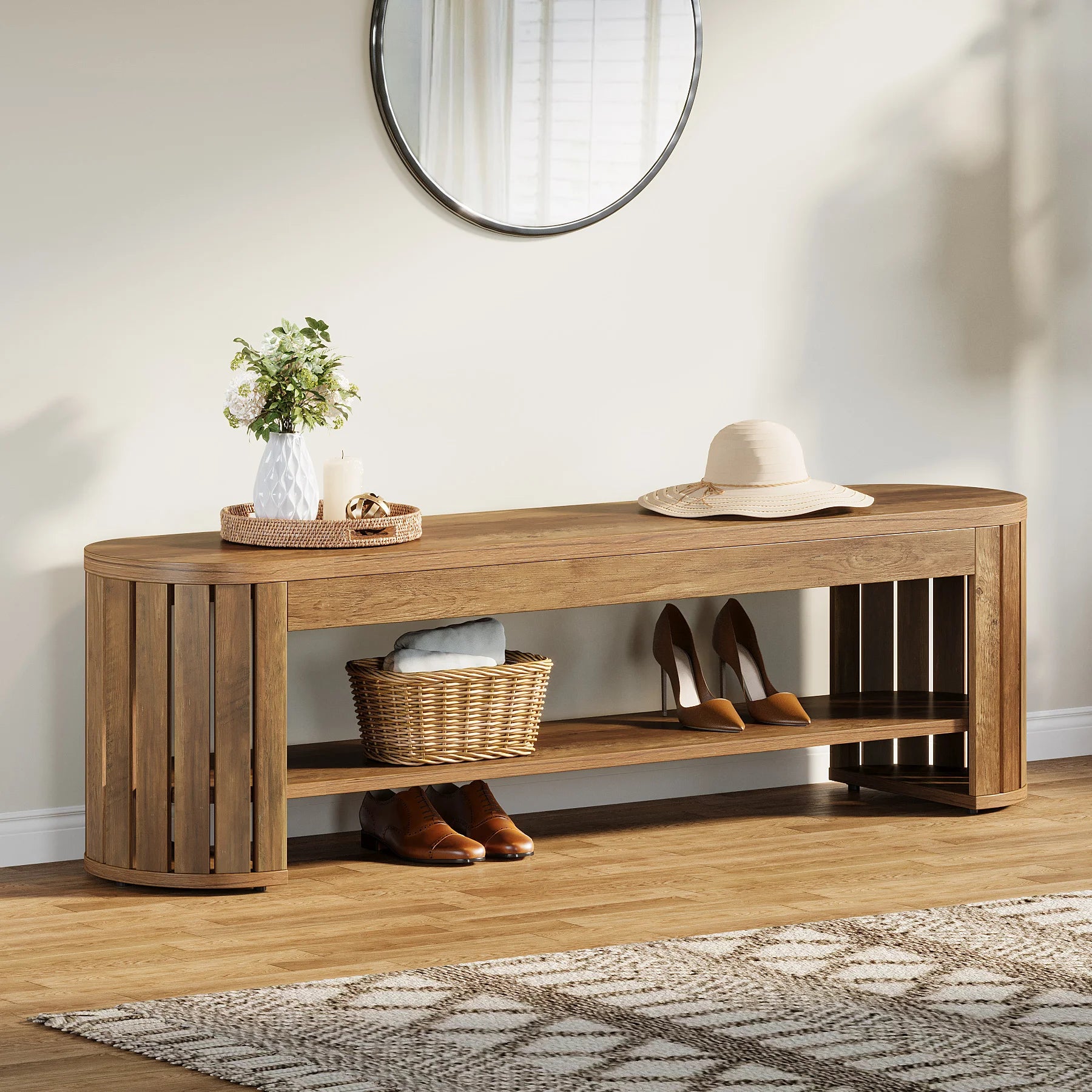 Tribesigns 63" Wooden Entryway Bench with Shoe Storage, Long 2-Tier Narrow Shoe Bench with Arc Vertical Slat Splicing Legs, End of Bed Stool for Bedroom, Entrance, Living Room (Brown)