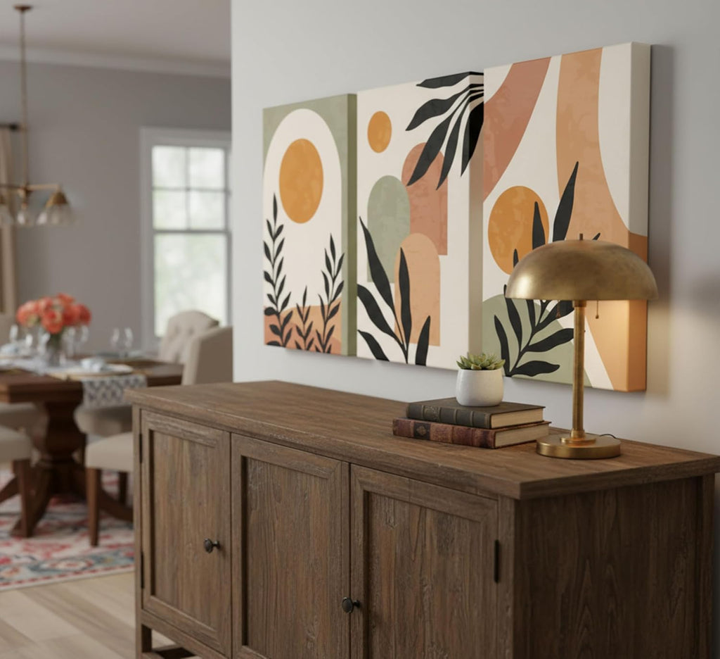 3 Pcs Mid Century Modern Boho Sun Canvas Wall Art | Neutral Abstract Minimalist Bohemian Mountains Plants Picture Wall Decor Poster Prints Artwork for Bedroom Living Room Home