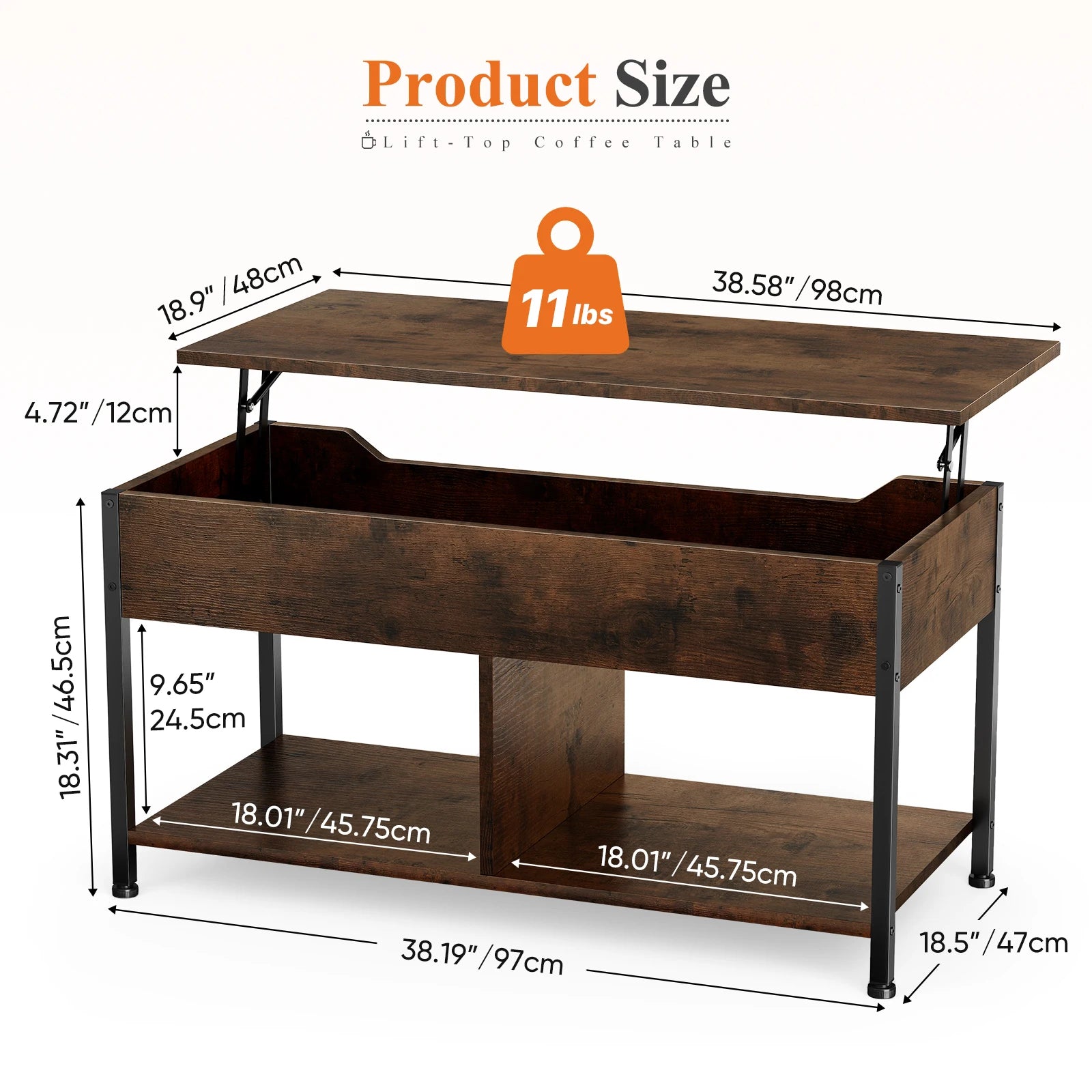 39IN Lift Top Coffee Table with Storage for Living Room Wood Adjustable 2 Shelves Easy Lift or Lower for Tea Dining Tables