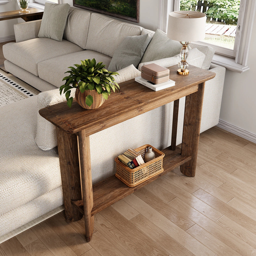 41.3 Inches Sofa Table, Solid Wood 2-Tier Console Table for Living Room, Modern Sofa Table behind Couch, Hallway Foyer Table, Walnut
