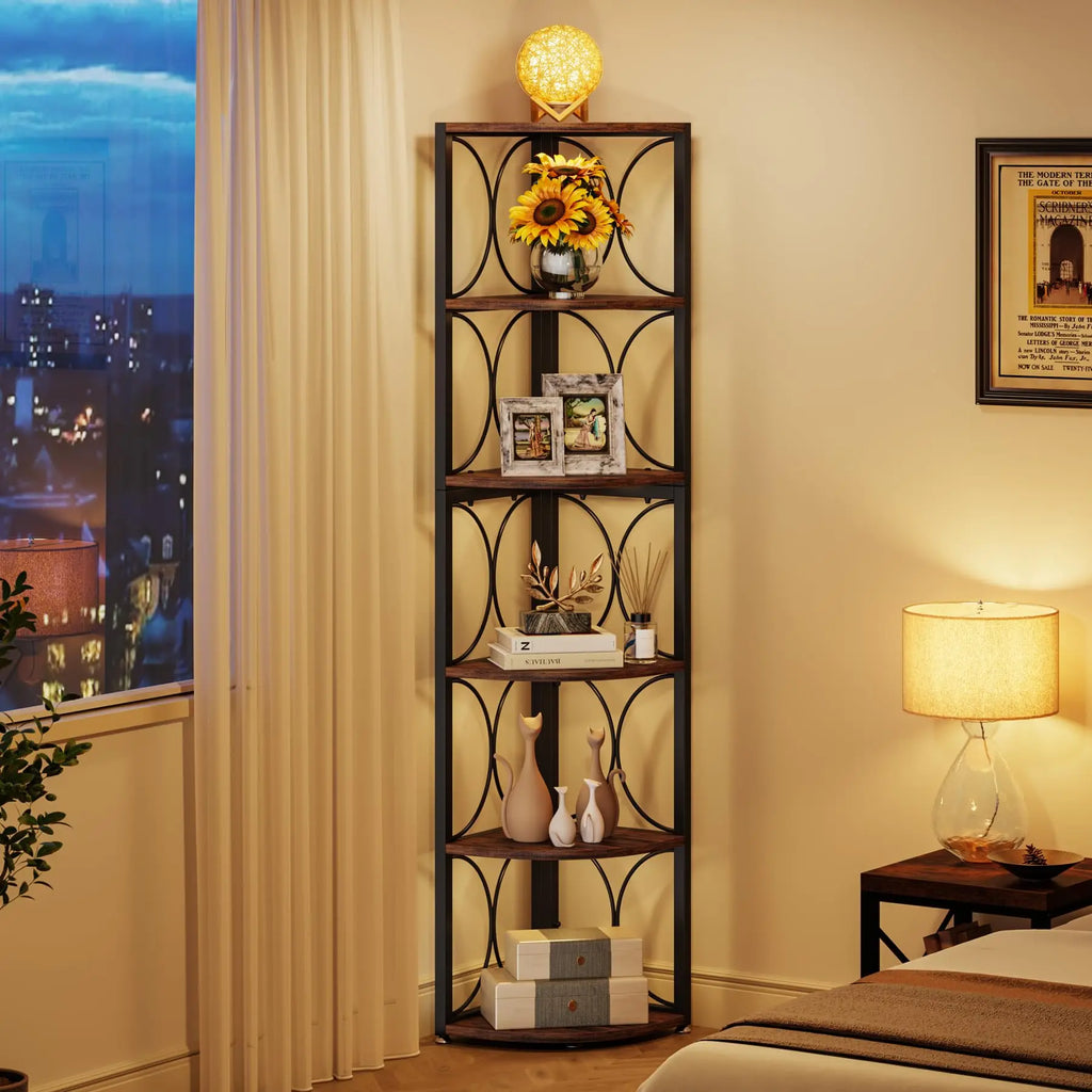 67 Inch Tall Corner Shelf, 6 Tier Rustic Corner Bookshelf Bookcase Storage Rack Standing Shelving Unit