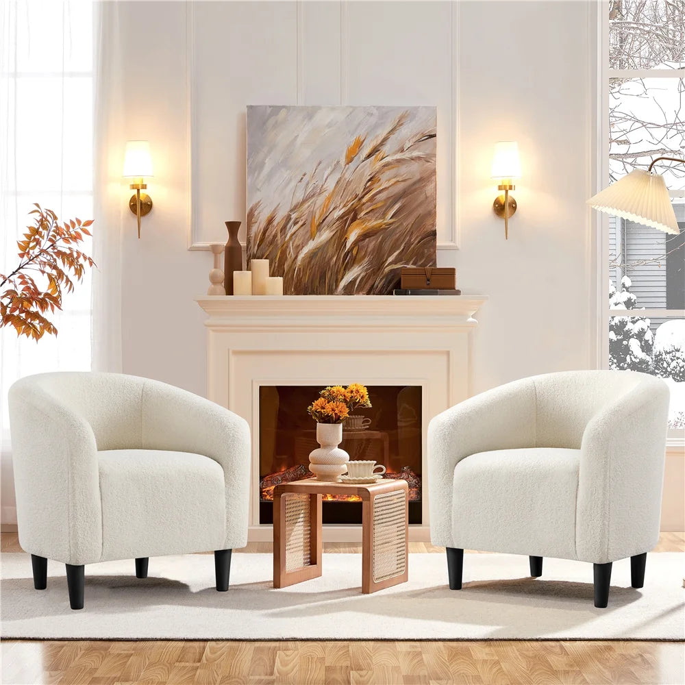 Upholstered Club Chair Boucle Accent Barrel Chair, Ivory