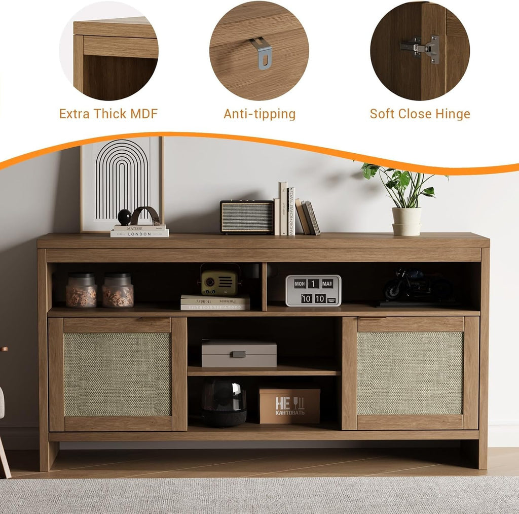 58 in Rattan TV Stand, Natural Oak Entertainment Center-Brown | for Tvs up to 65 Boho Style,Adjustable Shelves Storage,Wooden Console Cabinet for Living Room,Bedroom, Farmhouse