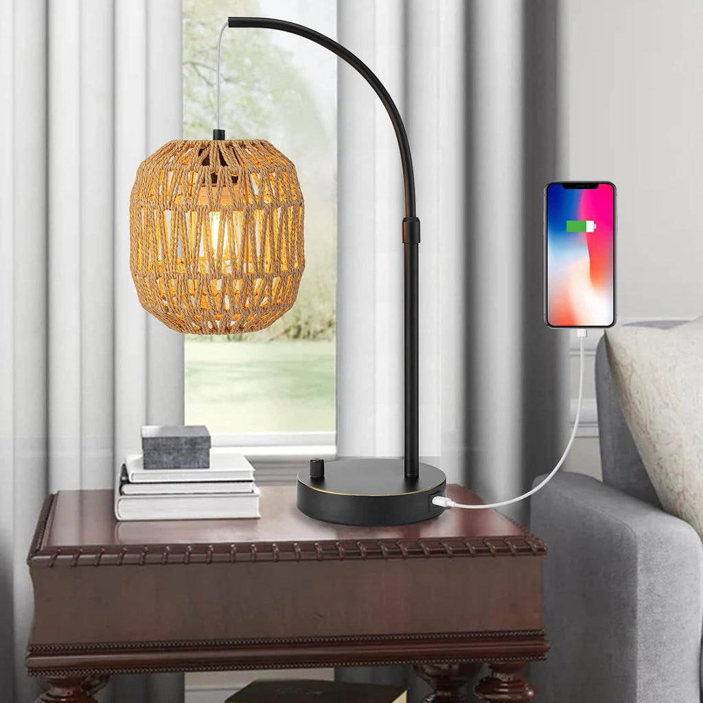Handmade Woven Rattan Table Lamp with USB Port, Boho Bedside Lamp for Bedroom, Office & Nightstand, Full Metal Base with Two-Color Hand-Woven Rattan Shade