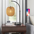 Handmade Woven Rattan Table Lamp with USB Port, Boho Bedside Lamp for Bedroom, Office & Nightstand, Full Metal Base with Two-Color Hand-Woven Rattan Shade