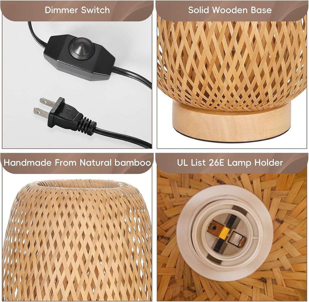 Boho Rattan Table Lamp, Stepless Dimmable Small beside Lamp, Vintage Nature Wicker Wooden Nightstand Boho Bamboo Woven End Table Lamps for Bedroom Living Room Desk Kids Room