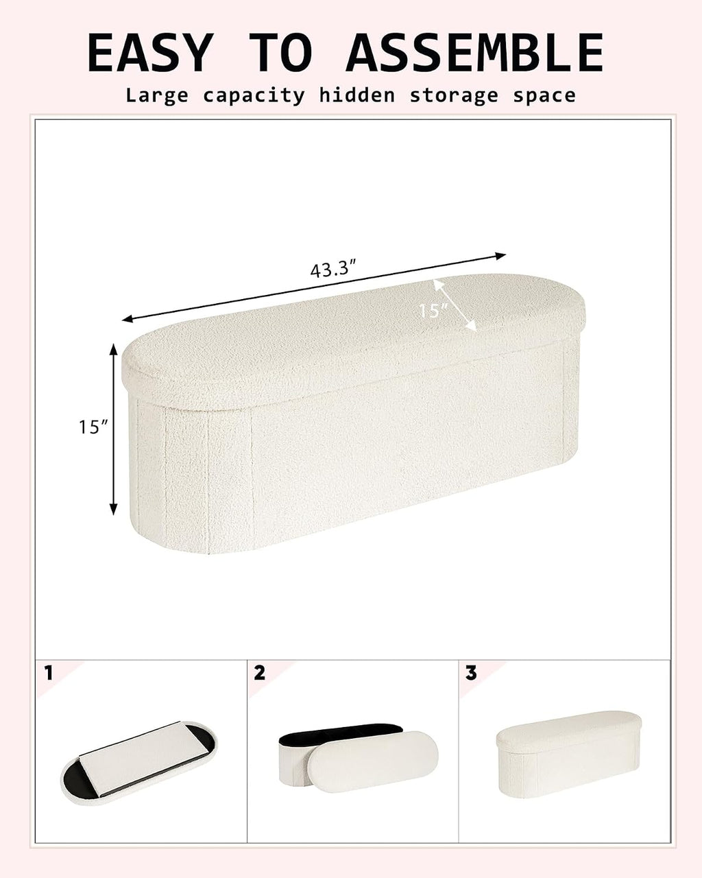 43.3 Inches Foldable Storage Ottoman Bench, Oval Footrest | Teddy Boucle Fabric, Hidden Storage, Soft Padded Seat, End of Bed Bench for Bedroom, Living Room and Entryway, White