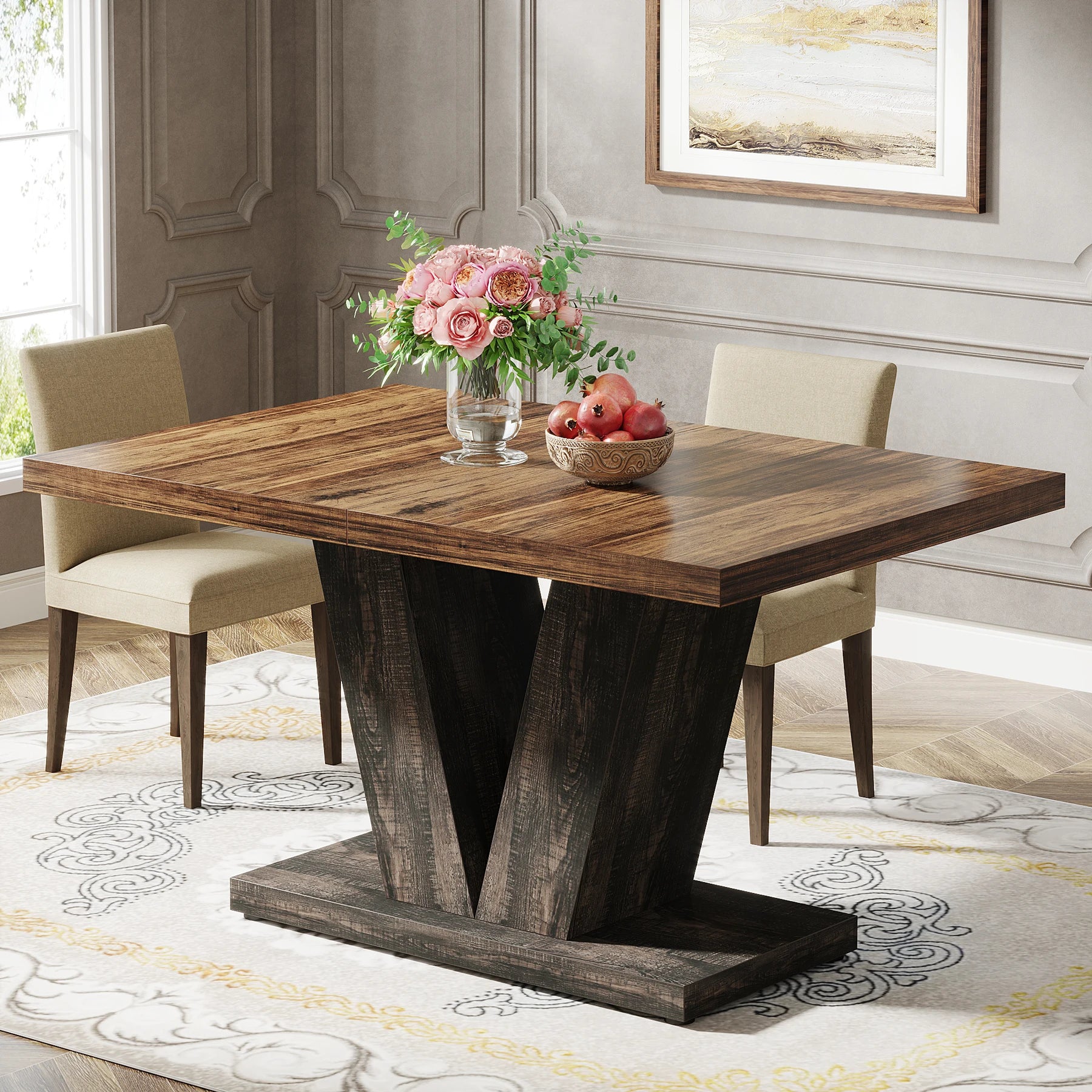 47-Inch Dining Table for 4-6, White Kitchen Dinner Table with Heavy Duty Pedestal, Farmhouse Wooden Eating Table