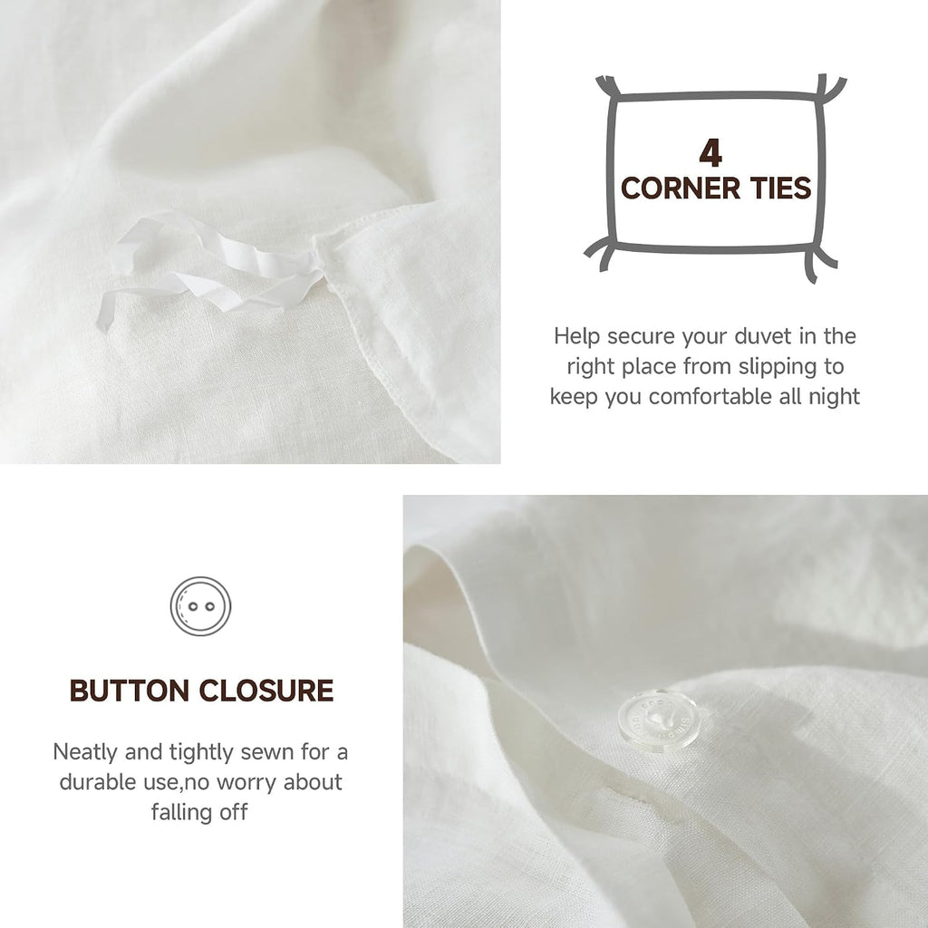 100% Linen Duvet Cover Set, 3 PCS Natural French Flax White Duvet Cover King Size, Breathable Soft Comfy Linen Bedding Comforter Cover with 2 Pillowcases(White, 104" X 92")