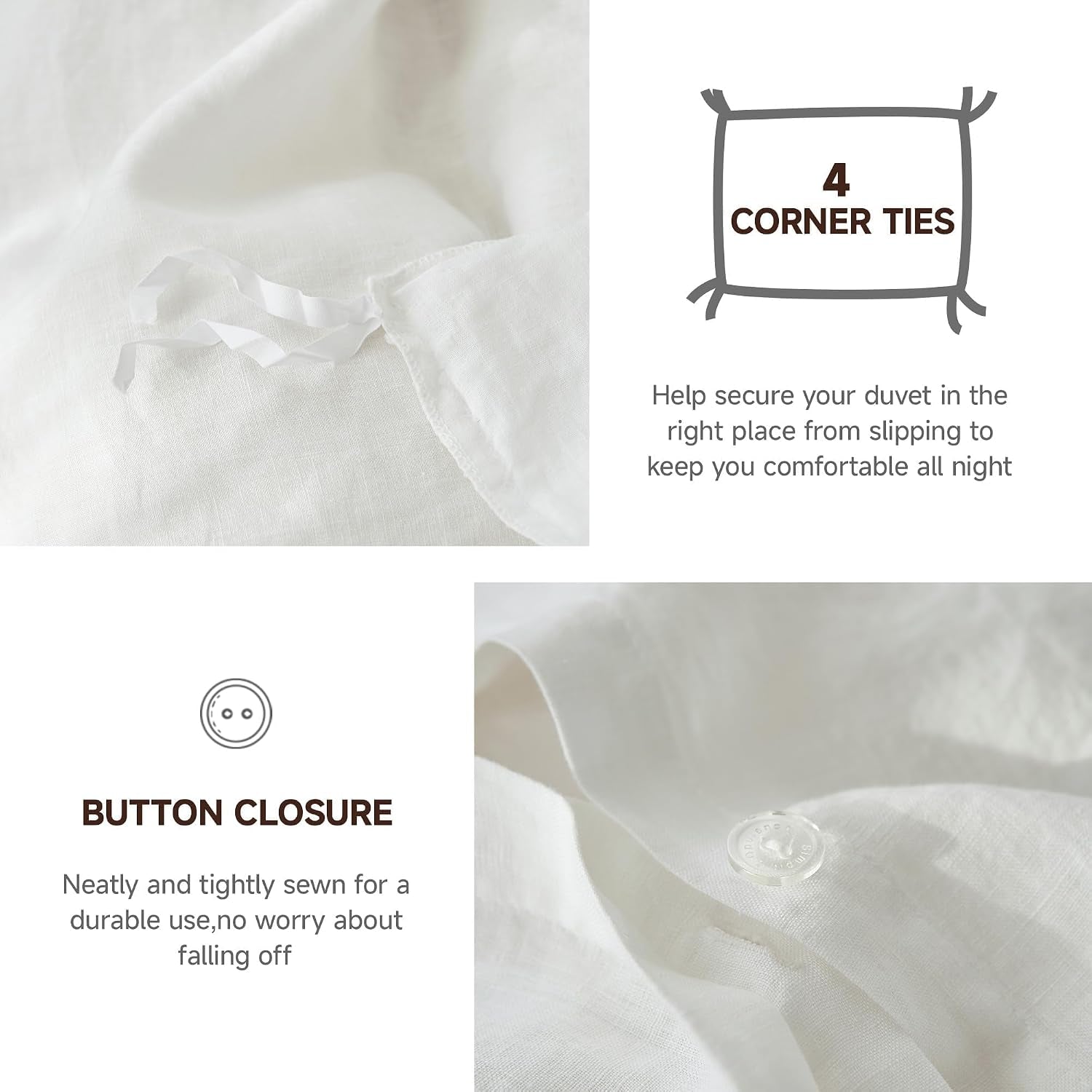 100% Linen Duvet Cover Set, 3 PCS Natural French Flax White Duvet Cover King Size, Breathable Soft Comfy Linen Bedding Comforter Cover with 2 Pillowcases(White, 104" X 92")