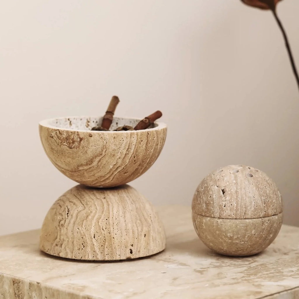Travertine Marble Incense Burner Textured Spherical Aromatherapy Stone Bowl Frankincense Zen Decor for Meditation Spaces Home